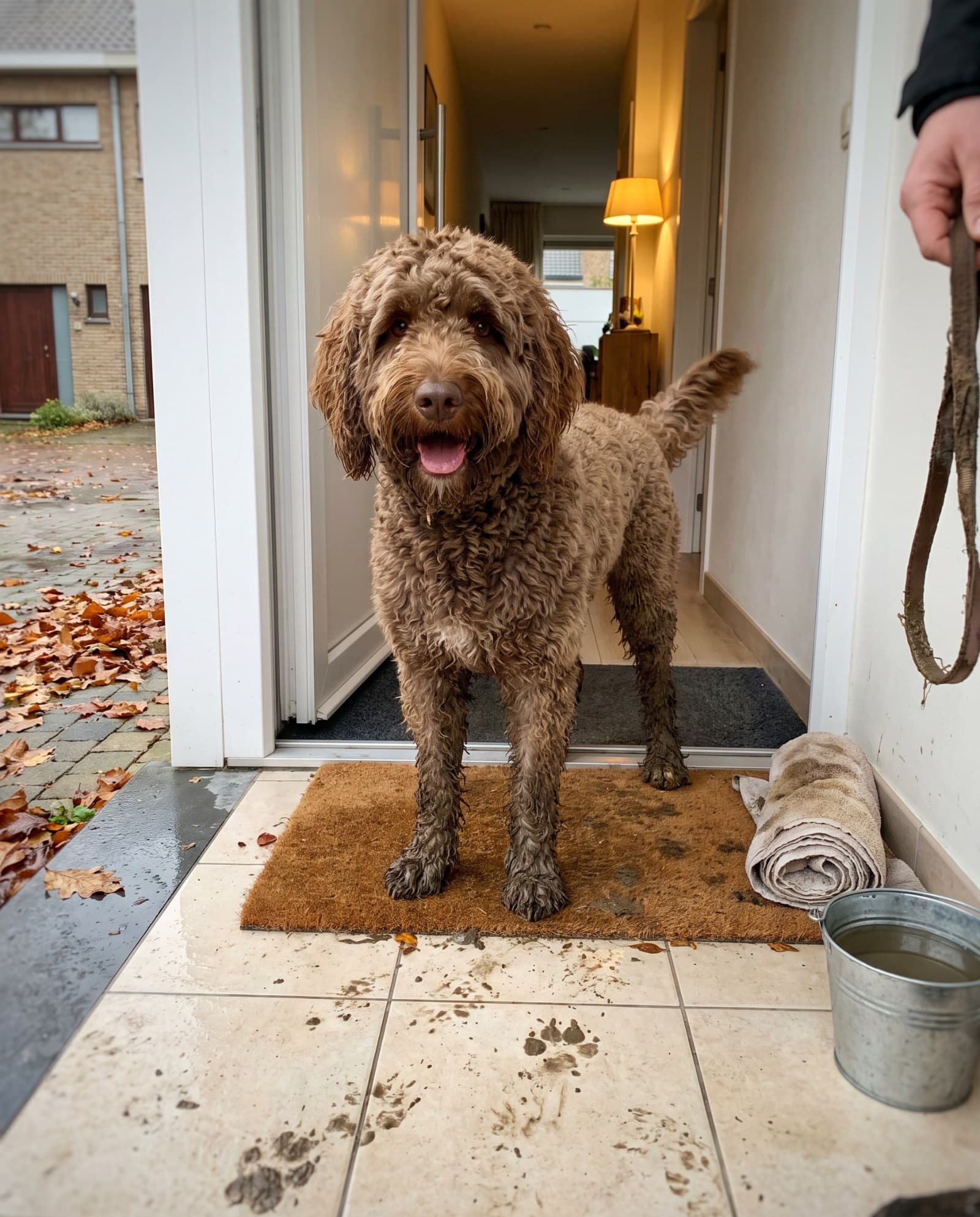 Doodle met modderpoten op de mat aan de voordeur