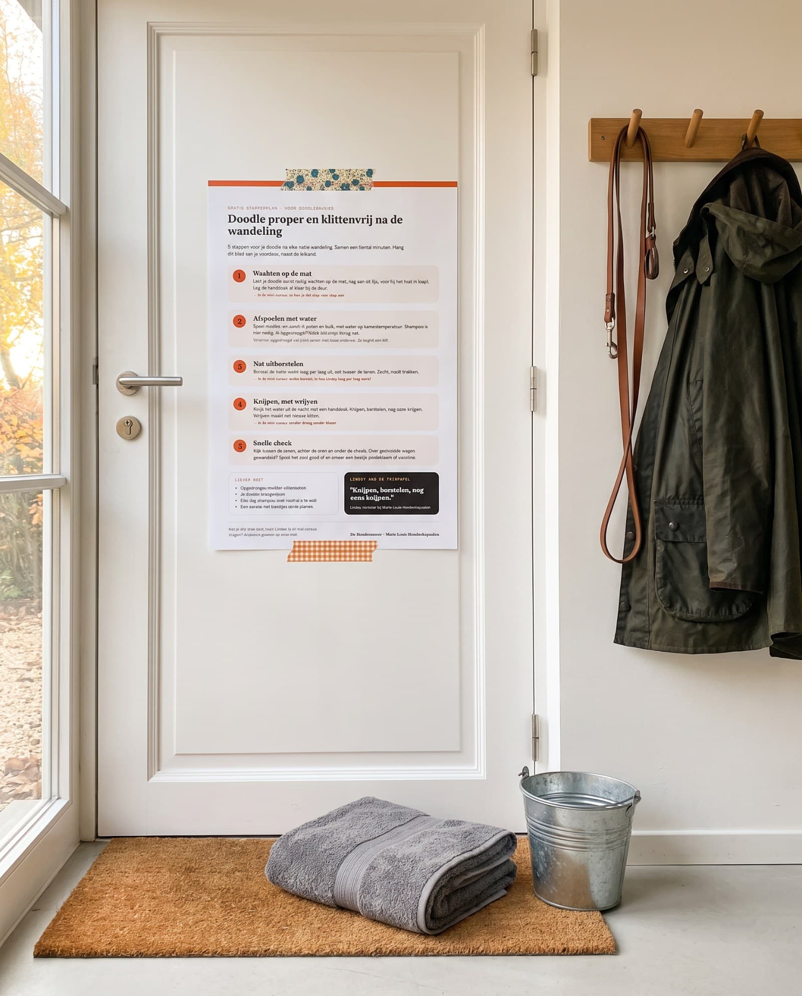 Het stappenplan hangt aan de voordeur naast de leiband